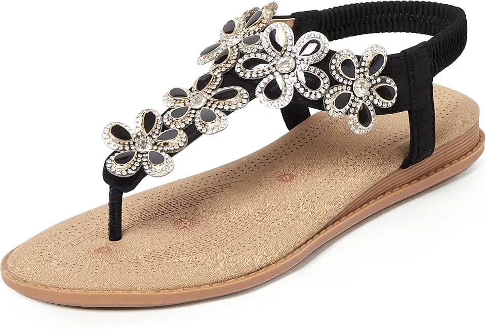 iCKER Women Flat Thong Sandals Rhinestone Sparkly Boho Elastic Ankle Strap