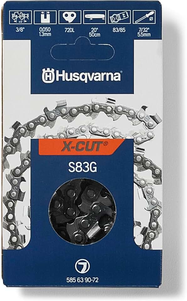 Husqvarna X-Cut S83G 20 Inch Chainsaw Chain, .3/8” Pitch, .050” Gauge, 72 Drive Link Chainsaw Blade Replacement, Pre-Stretched and Low Kickback, Gray