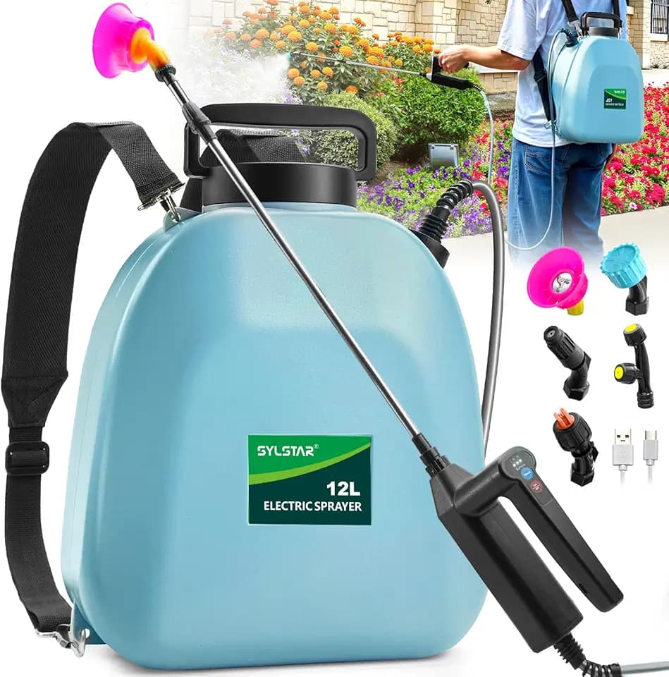 SYLSTAR Drucksprüher 12 Liter, 3 Sprühgeschwindigkeiten Drucksprüher Akku mit 5 Nebeldüsen,7.4V Stärker Rückenspritze für Gartenspritze, Unkrautspritze & Wassersprüher (12L)
