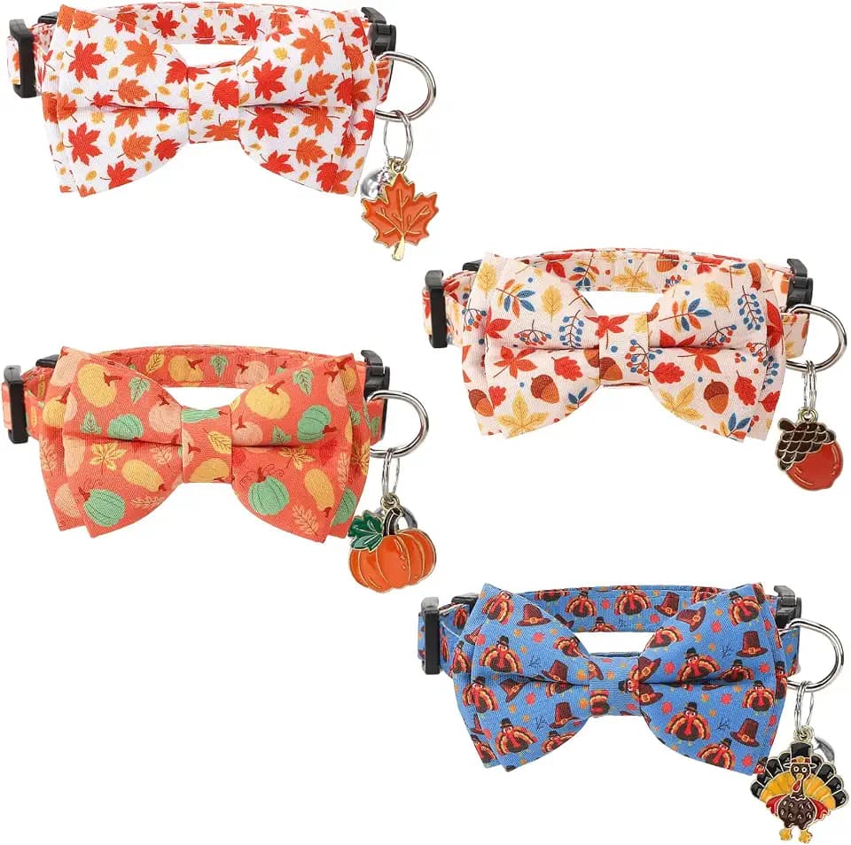 4 Pack Fall Cat Collars with Bow Tie Thanksgiving Cat Collars Breakaway