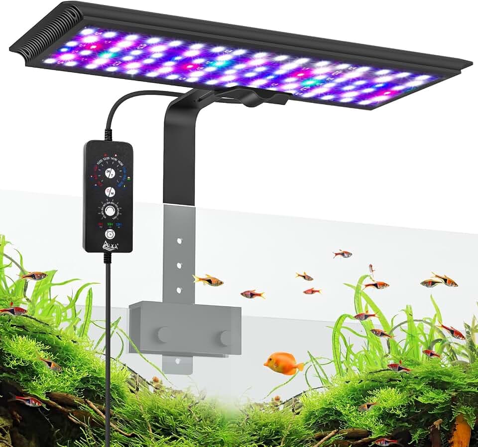 AQQA Aquarium LED Beleuchtung,24/7 Modus Clip-on Aquarium Licht,DIY-Modus Vollspektrum Aquarium Pflanzenlicht,14W Einstellbarer Timer/Helligkeit mit Memory-Funktion, für 30-45cm Aquarien