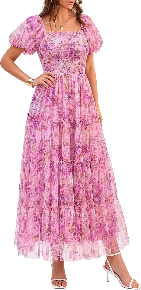 PRETTYGARDEN Women's Summer Smocked Midi Tulle Dress