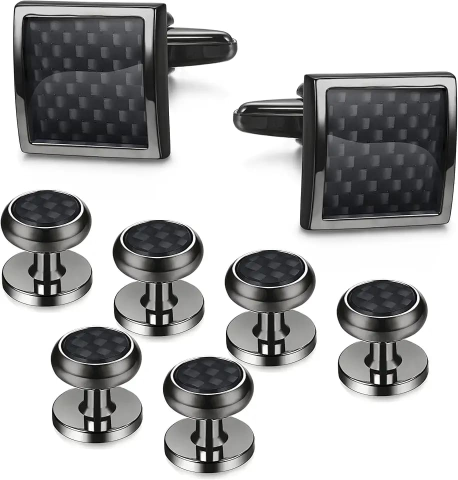 8pcs Mens Carbon Fiber Cufflinks and Shirt Studs Set