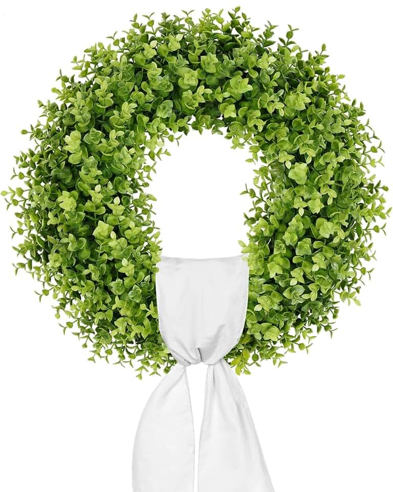 Vlorart 22 Inch Boxwood Wreaths for Front Door, Artificial Spring Wreath with Sash for Porch Window Wall Farmhouse Wedding Home Decorations, Summer Green Wreath for Year Round Indoor & Outdoor