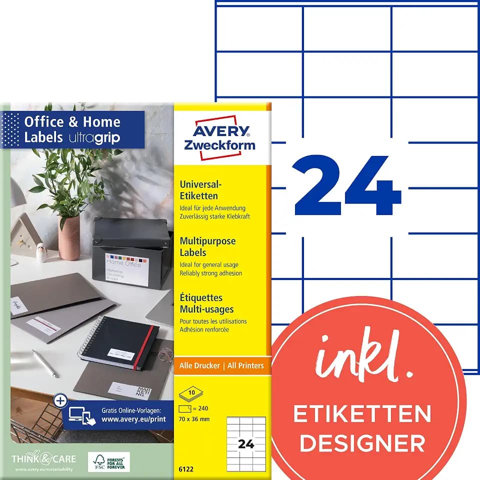 AVERY Zweckform 6122 Adressaufkleber (240 Klebeetiketten, 70x36 mm auf A4, bedruckbare Absenderetiketten, selbstklebende Adressetiketten mit ultragrip, ideal fürs HomeOffice) 10 Blatt, weiß