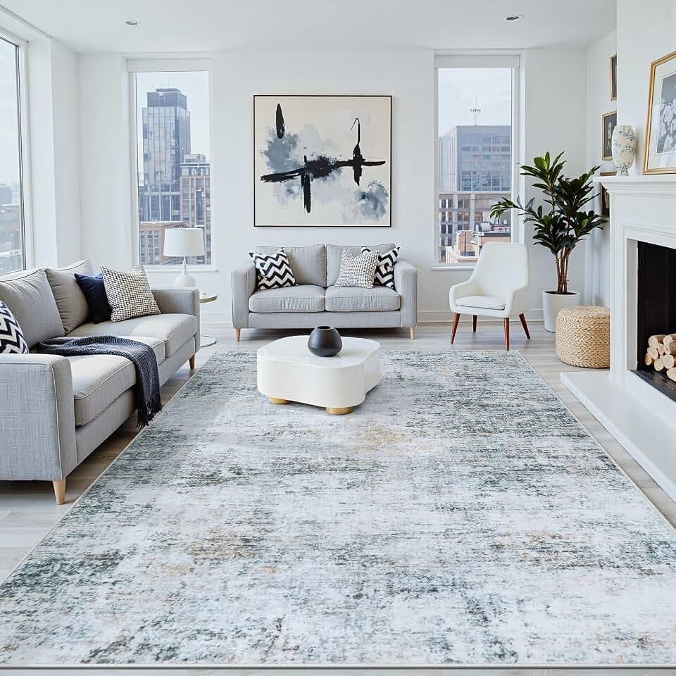8x10 Washable Area Rug for Living Room Bedroom: Non-Slip Modern Blue Grey
