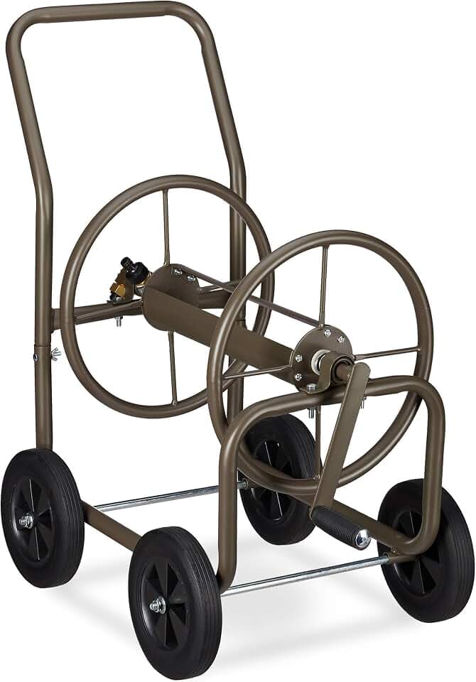 Relaxdays Schlauchwagen XL, fahrbare Schlauchtrommel, Metall, für 60m Schlauch, 4 Räder, mit Kurbel, 90° Abrollen, braun