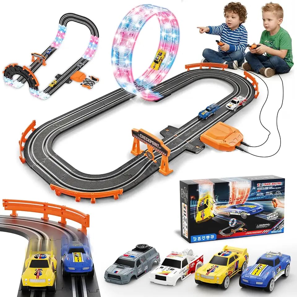 9.86ft 2-in-1 Slot Car Track Sets Toy - with 4 Cars, Battery or Electric Car Track Set with Dual Racing Game, Flash Circular Track, Lap Counter,Birthday Xmas Gifts Toys for Boys(S2-Raven)
