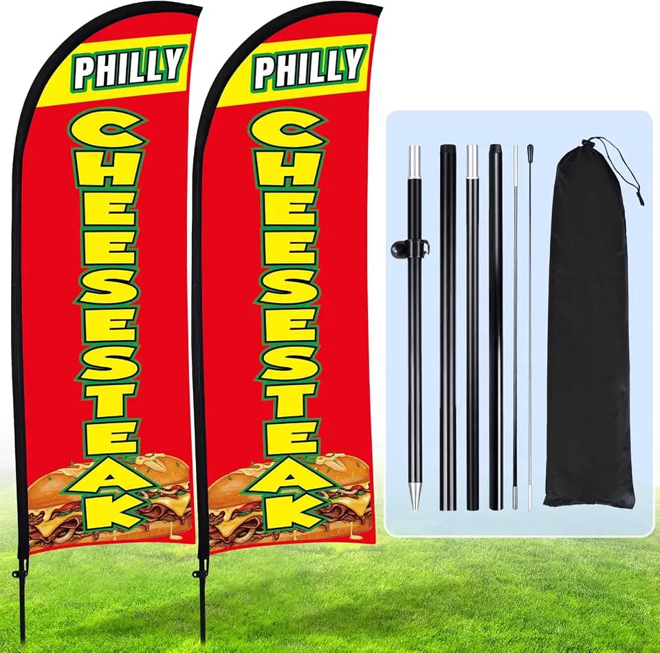 Buryeah 2 Sets Fresh Cheesesteak Feather Flag Pole Kit Banner for Business Advertising 7ft Fresh Cheesesteak Swooper Flag Sign with Flagpole Ground Stake Portable Bag for Outdoor Ground Outside