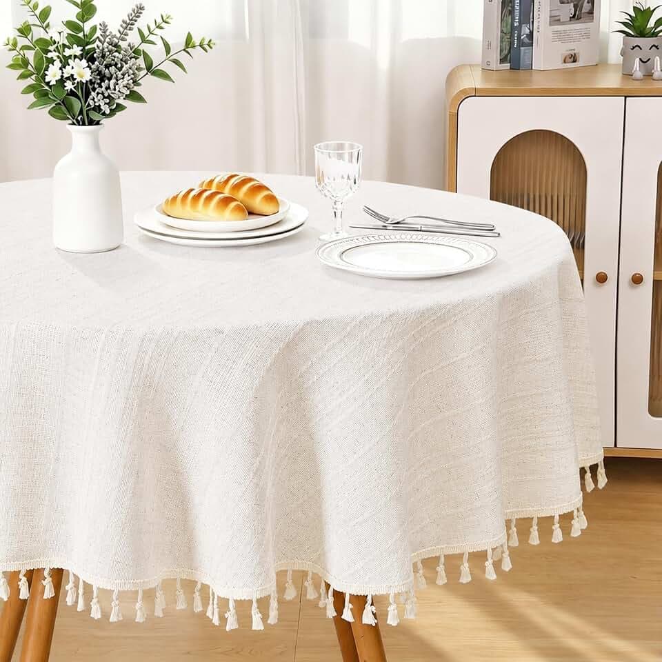 Tischdecke Rund Weiß 150cm Baumwolle Leinen Wetterfest Tischtuch Tischdeko