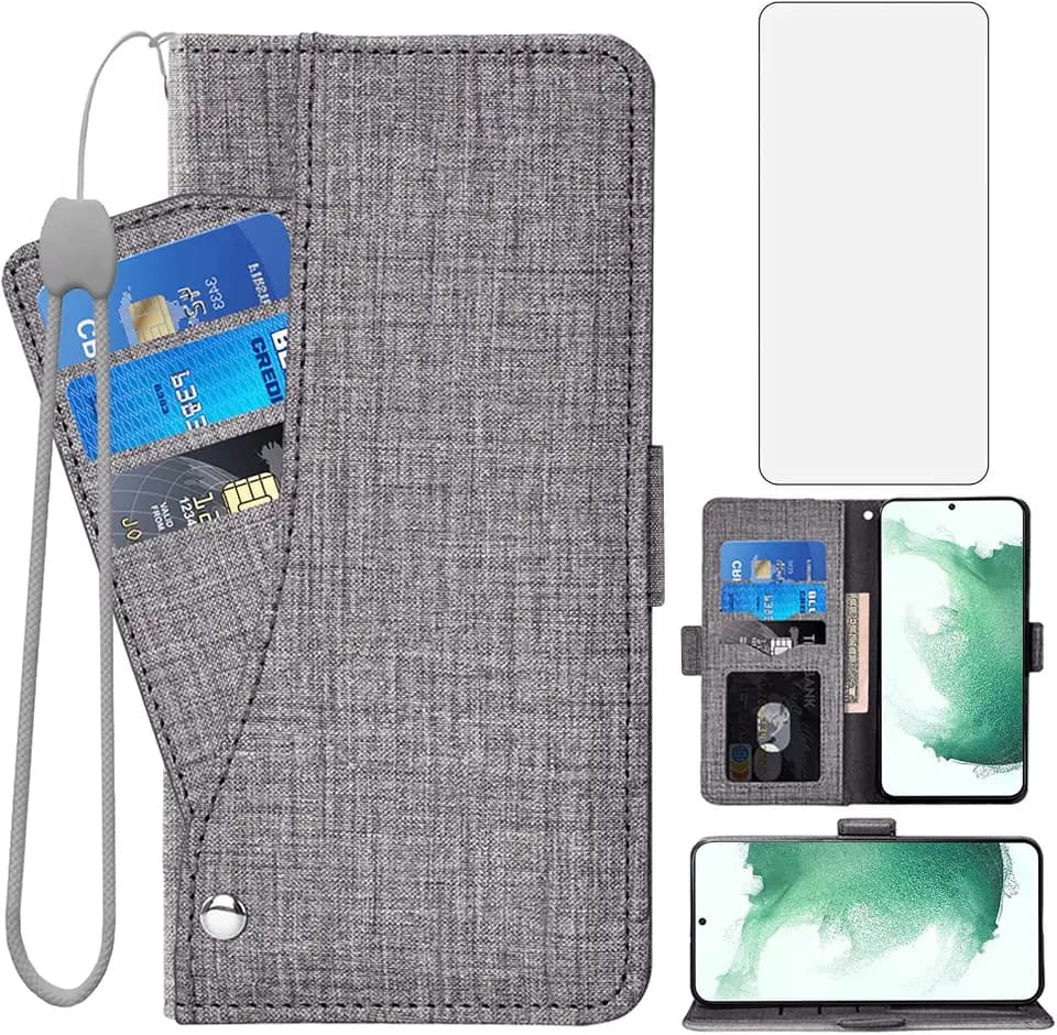 Asuwish Compatible with Samsung Galaxy S22 Plus Glaxay S22+ 5G Wallet Case Tempered Glass Screen Protector and Flip Cover Card Holder Cell Phone Cases for Gaxaly S22+5G S22plus 22S + S 22 22+ G5 Grey