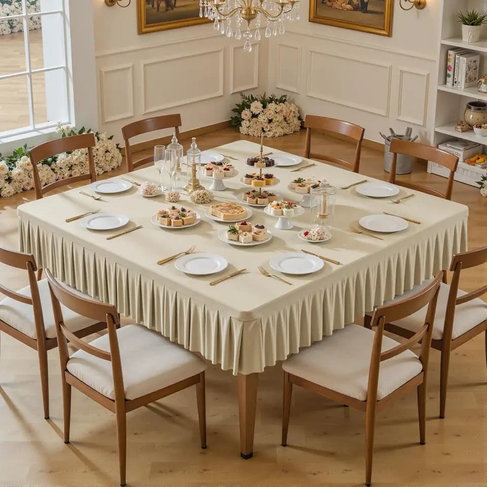 Wish Care Natural Spandex Tablecloths for 54x54 Inch Square Tables, Stretch Fitted Table Clothes with Pleated Ruffle Skirt for 54” Table, Wrinkle Free and Elastic, for Party Kitchen Home Dining