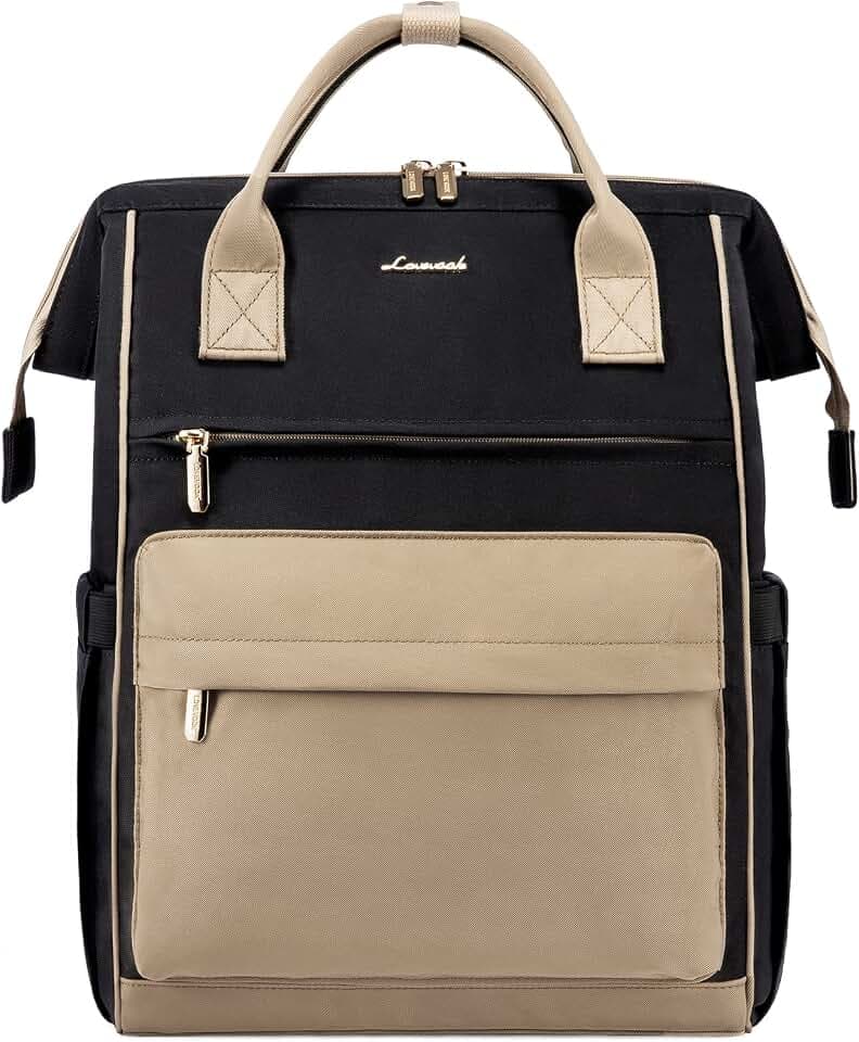 LOVEVOOK Schultasche Damen Mädchen Schulrucksack Jungen Teenager Wasserdichter Lehrertasche Arbeitsrucksack mit 15,6 Zoll Laptopfach & Anti Diebstahl Tasche für Reisen Uni Schule Büro, Khaki Schwarz
