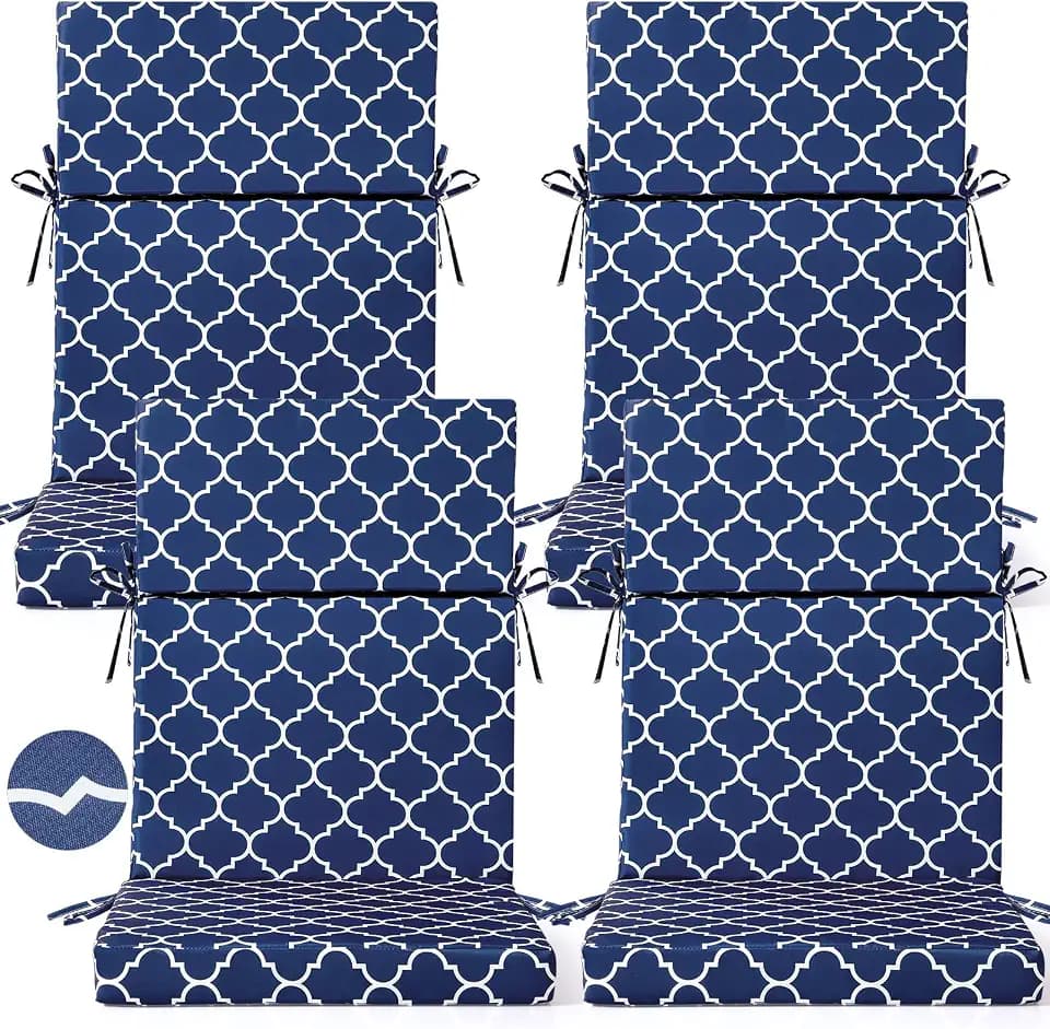 4 Pack Outdoor High Back Chair Cushion for Patio, Moroccan, Blue