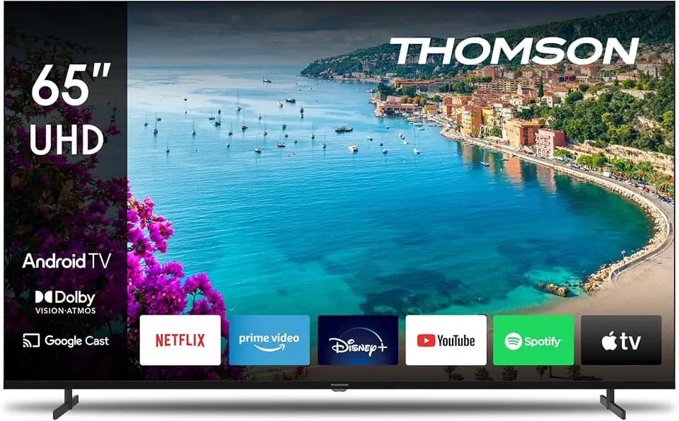 THOMSON 65 Zoll (165 cm) 4K Ultra HD Smart Android TV, Google Assistant, Wi-Fi, Dolby Digital, Bluetooth, Triple-Tuner (Kabel/Satellit/Antenne), HDMI, CI+, A+ Panel – 65UA5S13