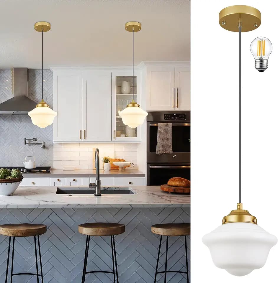 Gold Schoolhouse Light Fixture 8" Milk Glass Light Fixture Mid Century Pendant Light Milk Glass Pendant Light Schoolhouse Pendant Light for Bedroom Dining Room Kitchen (Bulb Incl.)