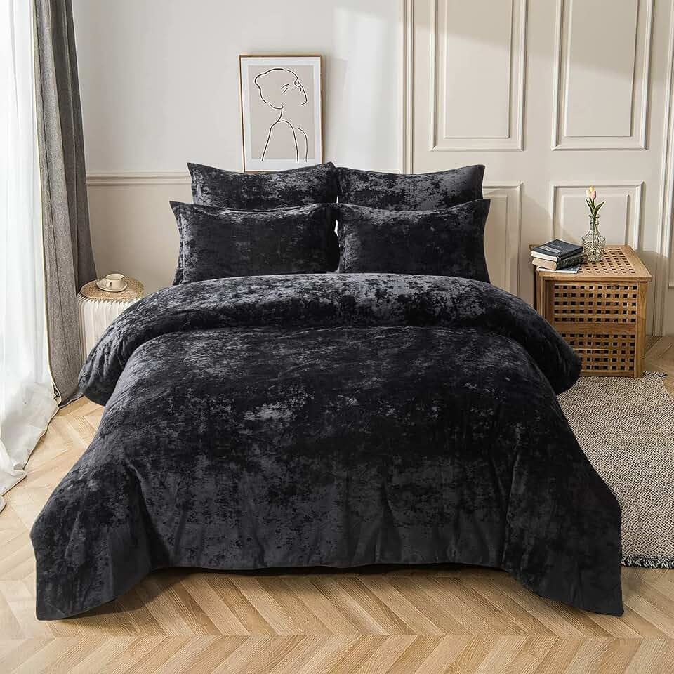 Fredsure Distressed Velvet Comforter Set, 5 Pieces Black King, Distressed Velvet Face and Brushed Microfiber Reverse