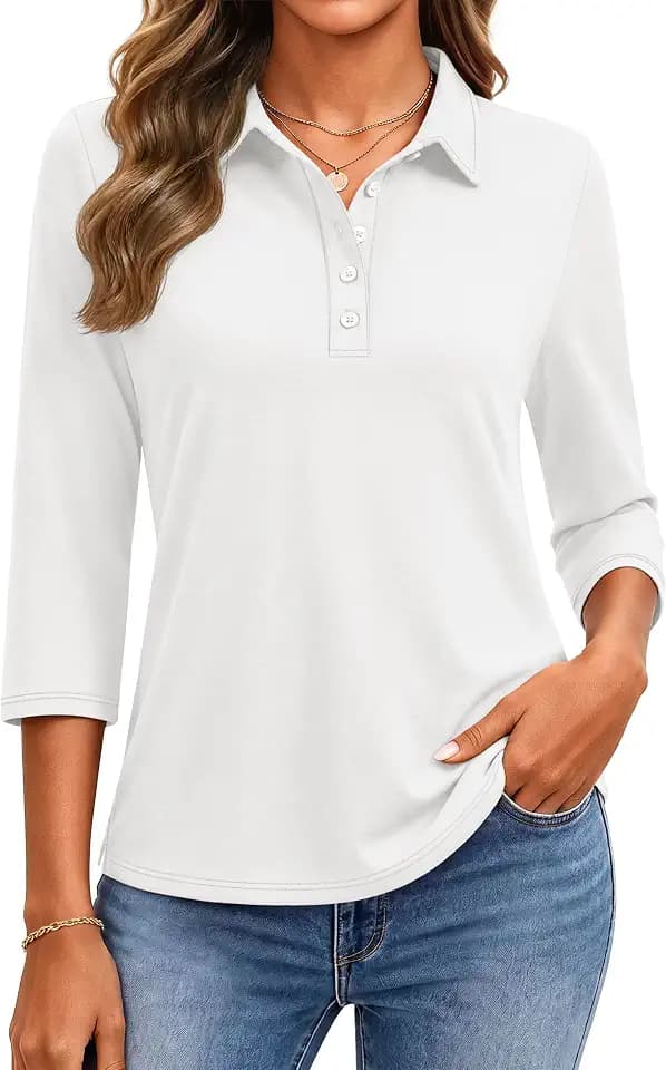 YUCOLEN Polo Shirts for Women 3/4 Sleeve Tops Golf Tees 5-Button Collared