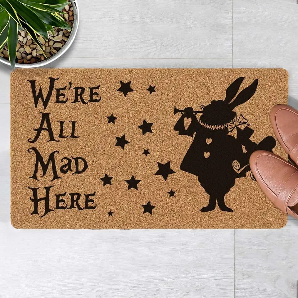 Welcome Door Mat We're All Mad Here Outdoor Indoor Entrance, Low-Profile Floor Mats Non Slip Durable Entrance Rugs for Entry, Patio, High Traffic Areas Front Door, 17" x 29.5"