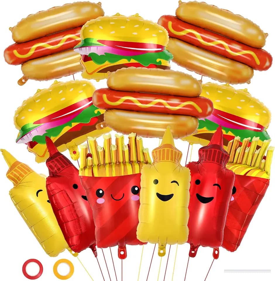 12 Pcs BBQ Party Balloons, Food Themed Foil Balloons, Hot Dog Hamburger French Fries Ketchup Mustard Bottle Mylar Balloon for Picnic, Snack, BBQ, Birthday Party Decorations