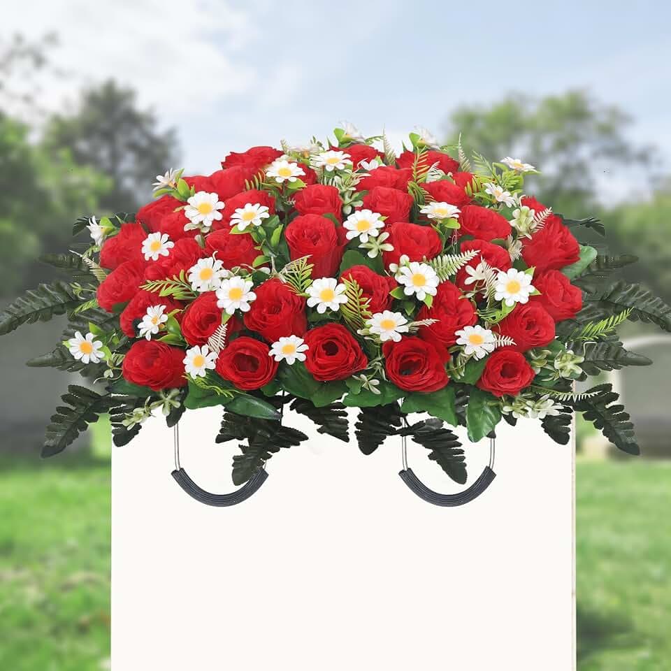 Lodou Artificial Cemetery Flower Saddle – Artificial Rose Memorial Flowers, Flower Saddles for Graves– for Headstone Decorations on Memorial Day, Christmas, Valentine’s Day (Red)