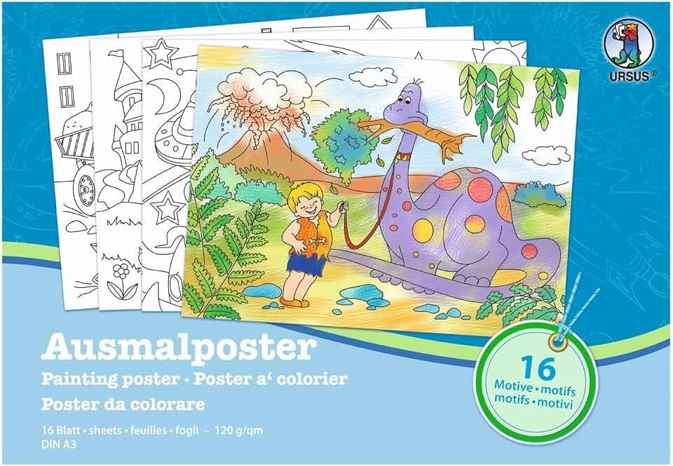 Ursus 24460099 - Ausmalposter Jungen, DIN A3, 16 Blatt mit 16 verschiedenen Motiven, 120 g/qm, zum Ausmalen von wunderschönen Bildern, mithilfe von Buntstiften und Fasermalern