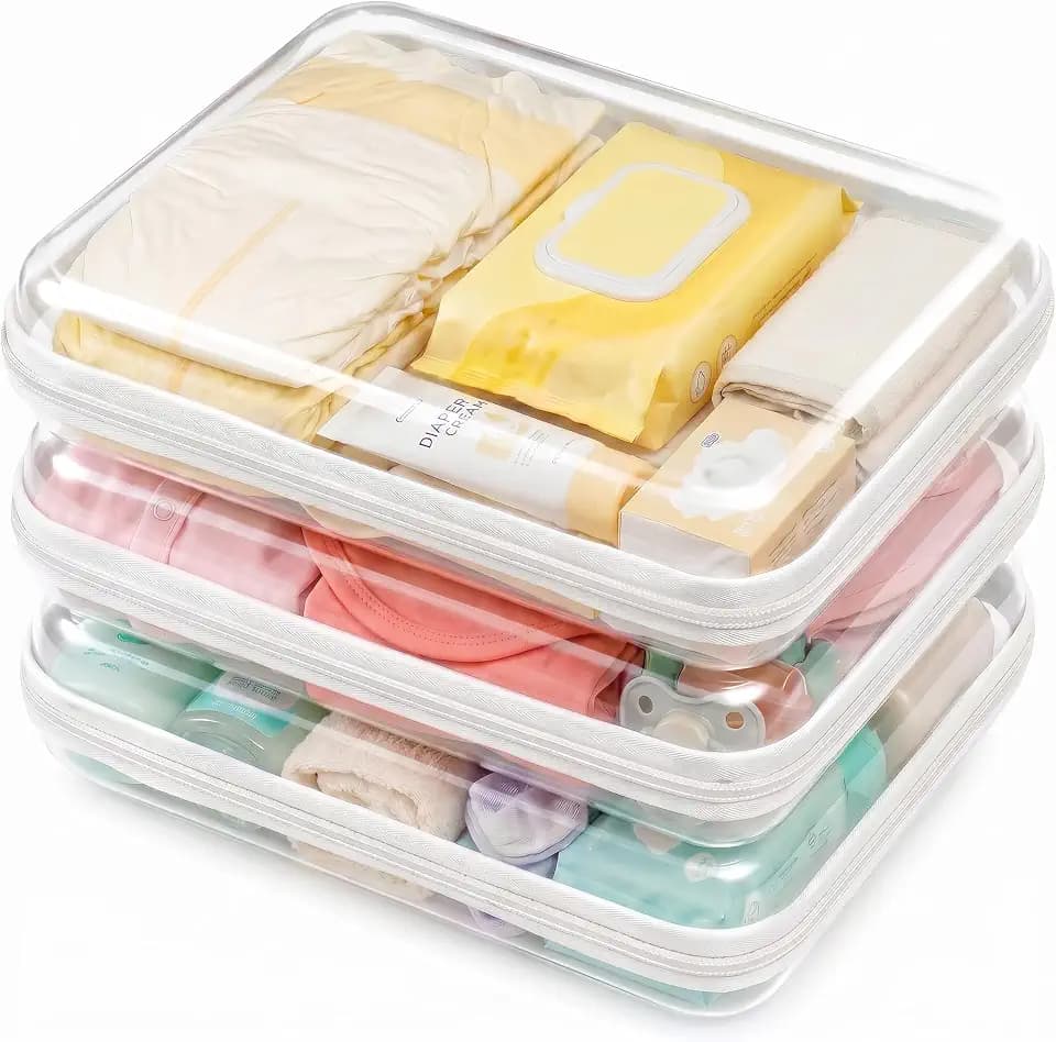 3 Pack Large Clear Hard Shell Zipper Case, Diaper Bag Organizer Pouches, Water-Resistant Travel Toiletry Bags for Baby Essentials, Toys, Cables, Crafts, Makeup, White