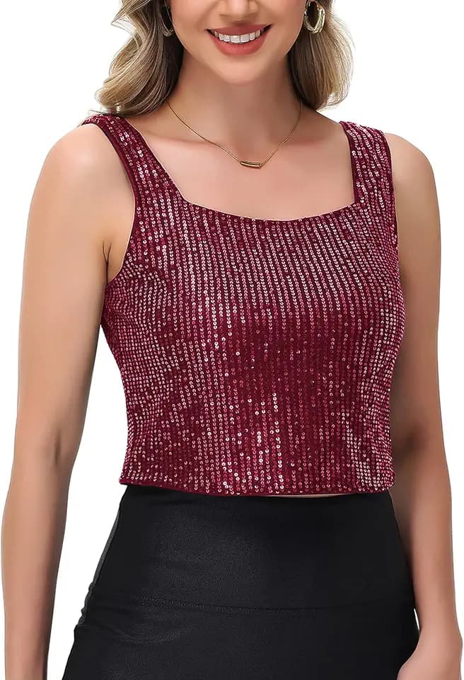 Anna-Kaci Women's Sequin Cropped Tank Top with Wide Straps Square Neckline for Festivals, Parties, Night Out