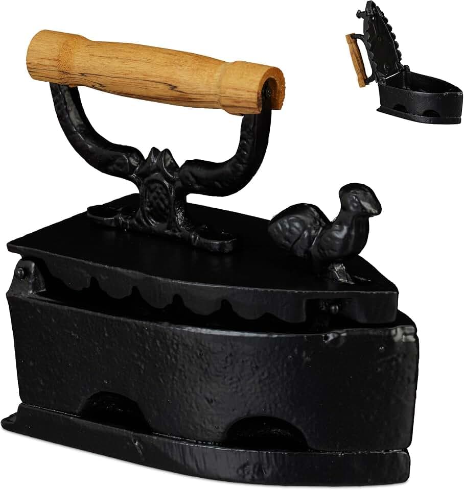 Relaxdays Deko Bügeleisen, Antik-Design, Plätteisen mit Holzgriff, schwarz