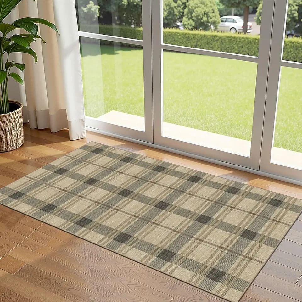 Front Door Mat Indoor Entrance - 2x4.3 Taupe Beige Tartan Plaid Rug