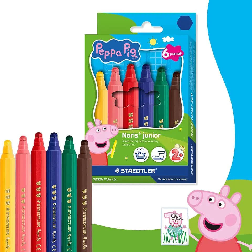 STAEDTLER Noris junior Fasermaler Peppa Wutz 6er Set - Filzstifte mit extra dicker Spitze für großflächiges Malen - Kinderstifte im ergonomischen Format - Sichere Malstifte für Kleinkinder