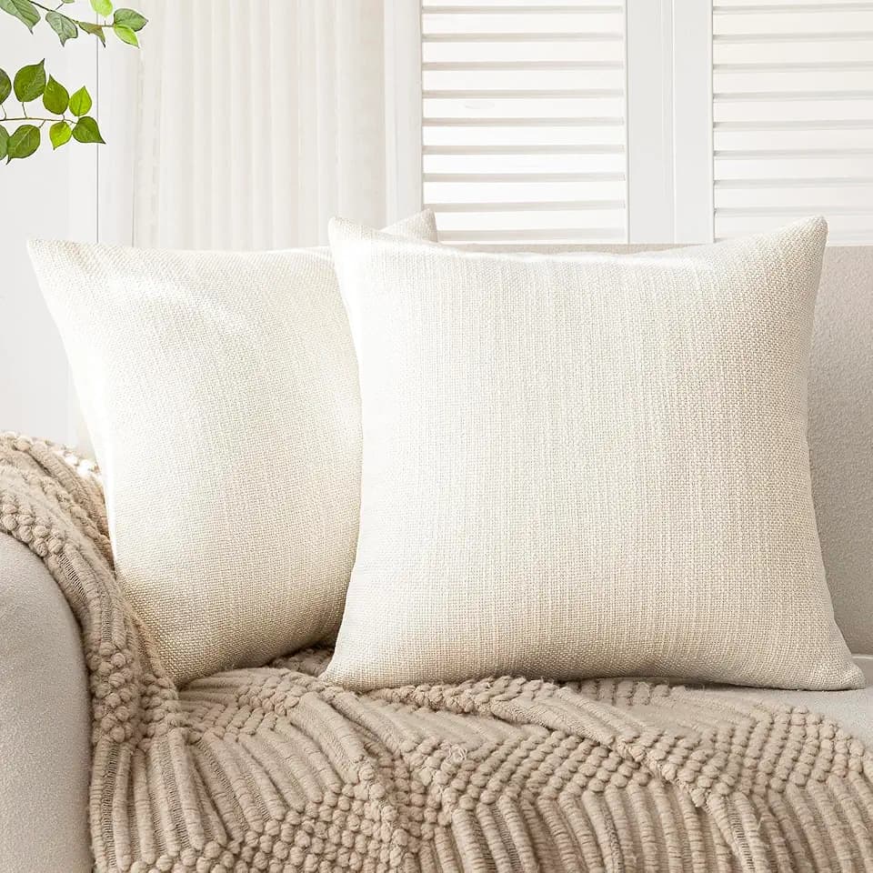 Foindtower Set of 2 Decorative Textured Burlap Linen Throw Pillow Covers Farmhouse Boho Cushion Cover Solid Accent Pillowcase for Couch Sofa Bed Living Room Home Decor,20×20 Inch,Cream White