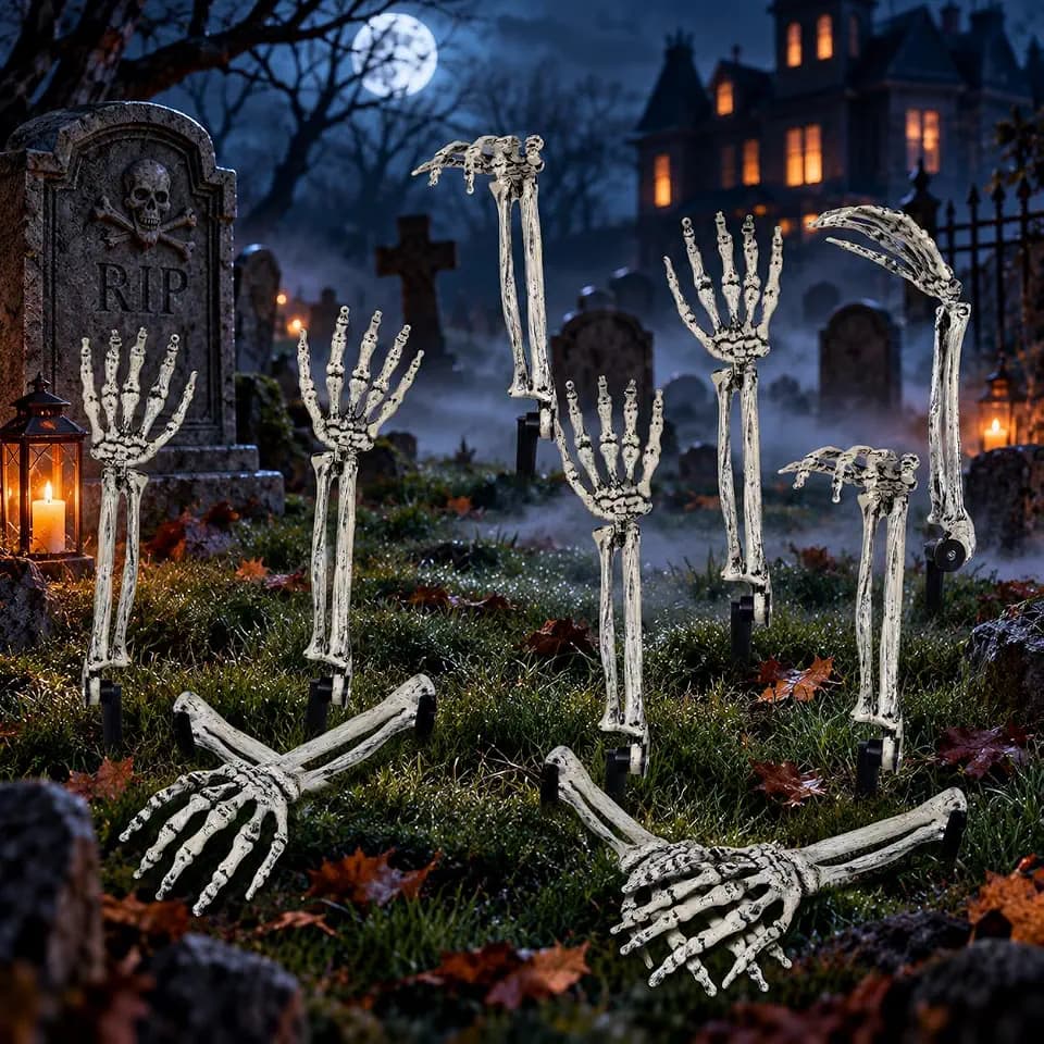 8 Pack Halloween Decorations Outdoor Skeleton Arm Stakes, Halloween Creepy Graveyard Decor with Adjustable Joints, Realistic Poseable Zombie Hands Decor for Yard Lawn Garden