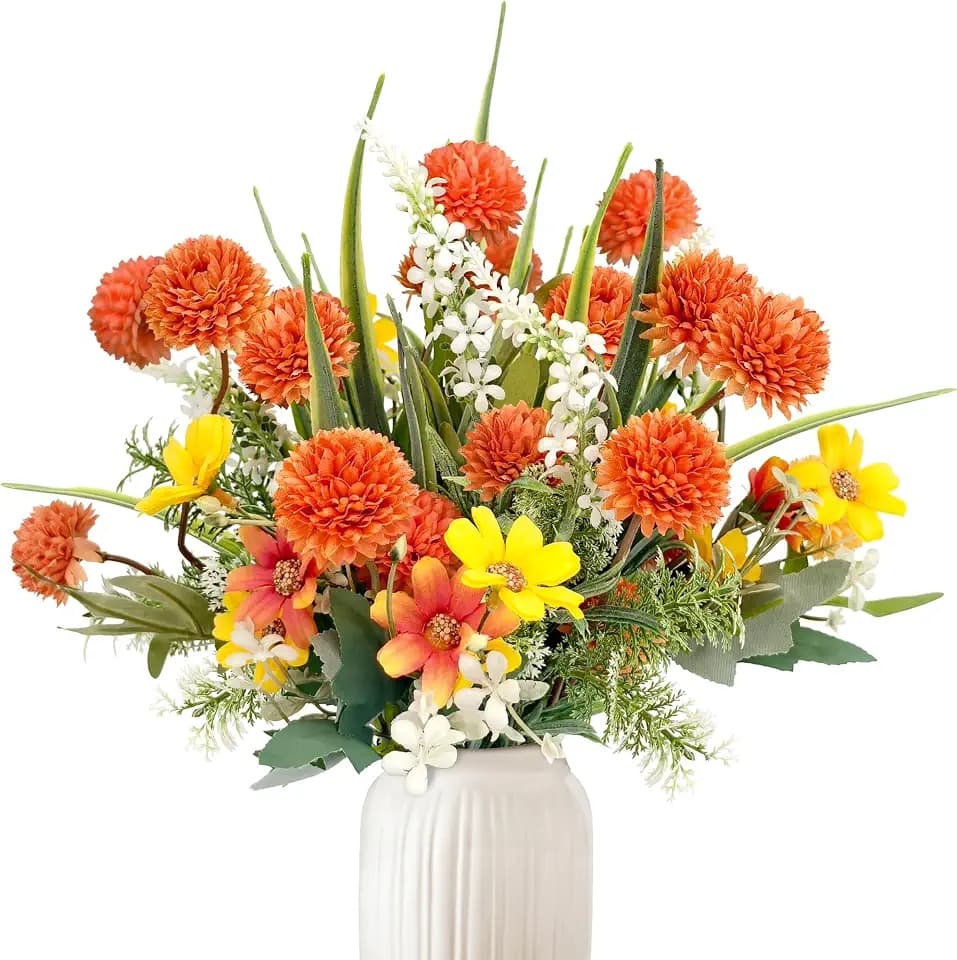 YMIFEEY Kunstblumen Herbst wie Echt Künstliche Blumen Siedenblumen (Orange) | Blumenstrauß Künstlich Herbstblumen, Herbststrauß Pflanzen Zweige Zimmer Deko, Artificial Flowers Innen Draußen Herbstdeko