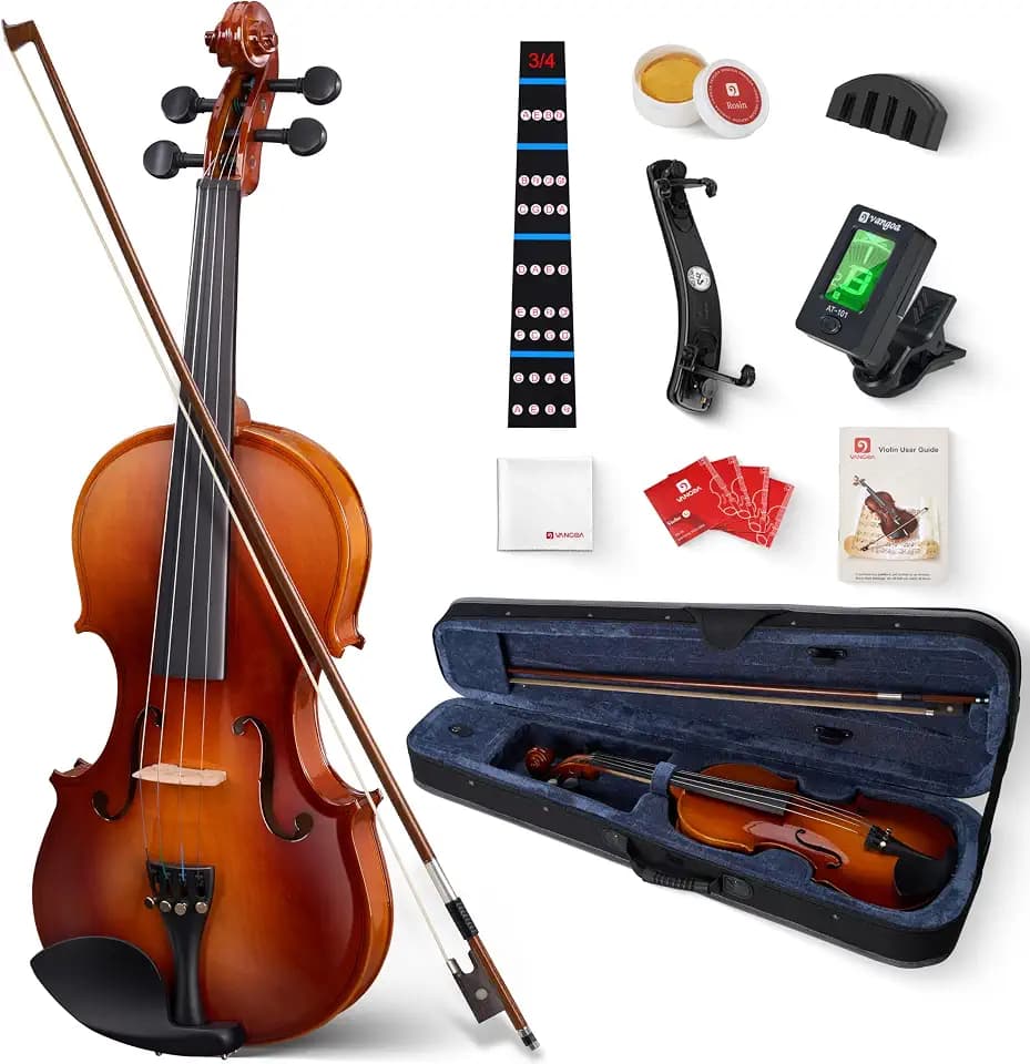 Violin Acoustic Fiddle Kit Professional Solid Wood Violin Unique Maple Wood Pattern Premium Ebony Fitting Starter Kit for Beginner Adults, Full Size By Vangoa