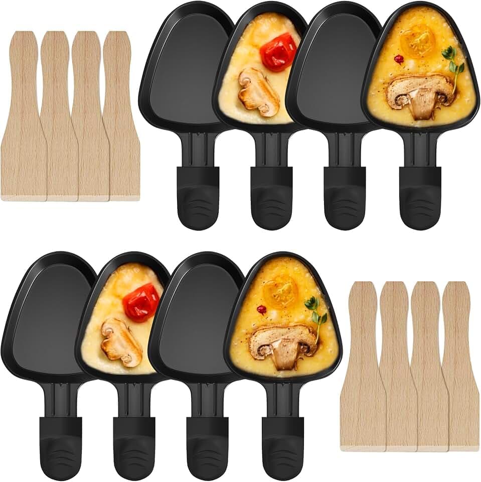 ipow 8er-Set Dreieckige Raclette-Pfännchen mit Schwarzen Griffen + Holzspatel – Profi Antihaft, 18,34 cm, Innovatives Design