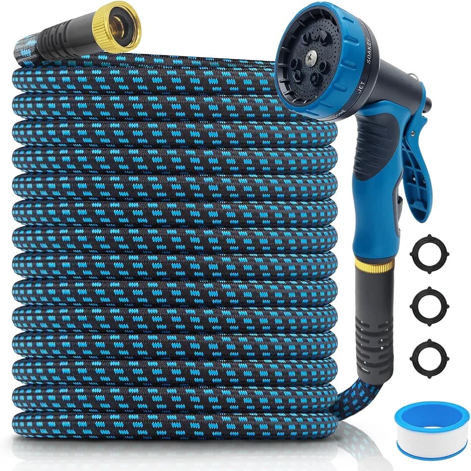 garden hose 100 FT, non-extendable and ultra-lightweight, equipped with 10-function nozzle. Kink-free, sturdy, flexible, and wear-resistant, suitable for use in yards, lawns, outdoors (100 FT)