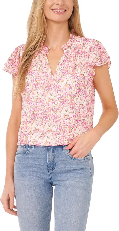 CeCe Women's Flutter Sleeve Front Keyhole Blouse