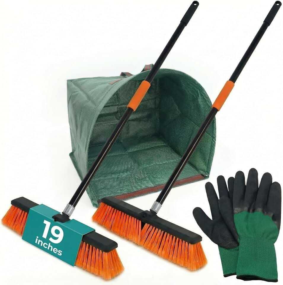 HELOMOR 2-Pack 19” Outdoor Push Brooms with 62” Long Handles – Heavy Duty Brooms for Driveway, Deck, Garage & Patio, Includes Dustpan Bin and Work Gloves