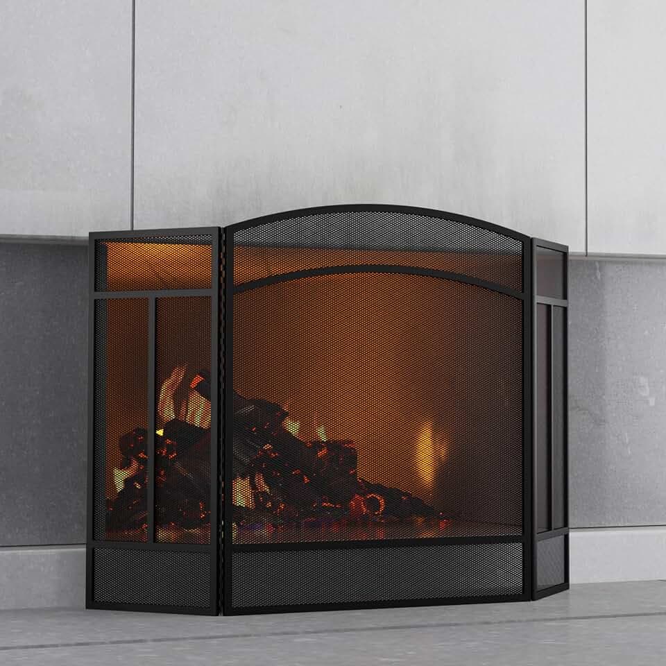 Fire Beauty 3 Panel Wrought Iron Fireplace Screen Spark Guard Cover(Black)