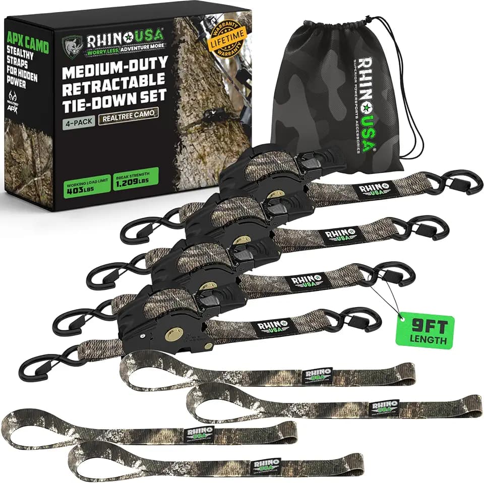 Rhino USA Retractable Ratchet Straps (4-Pack) - 1in x 9ft, Camo