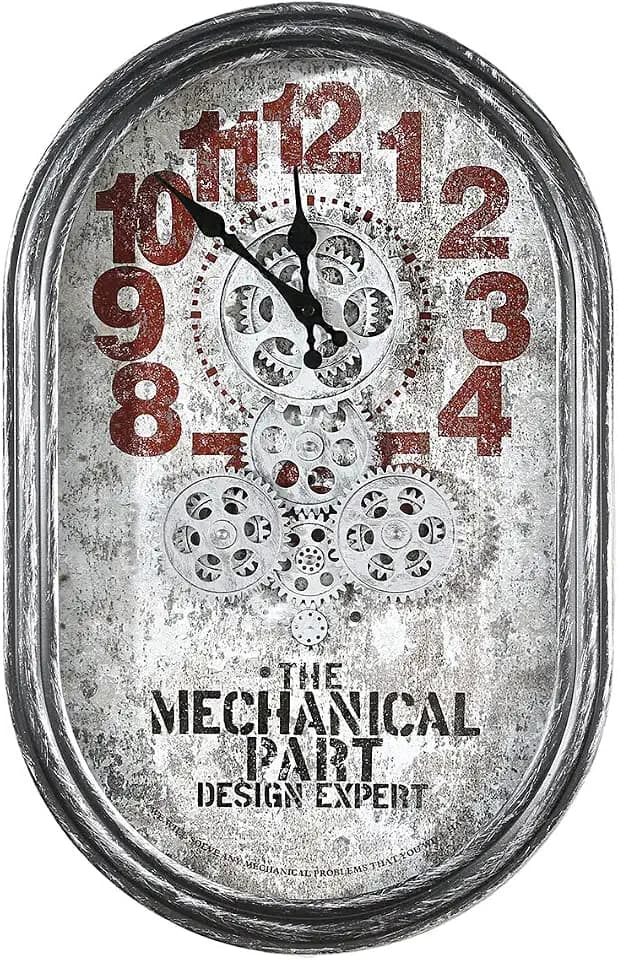 Casablanca Wanduhr aus Metall Glas - Farbe: Silber Rot - mit bewegenden Zahnrädern - für 4 x AAA Batterien (Nicht im Lieferumfang) Höhe 54 cm