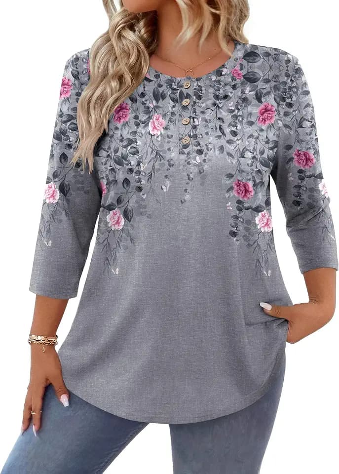 IN'VOLAND Plus Size 3/4 Length Sleeve Women Tops Crew Neck Dressy Blouses