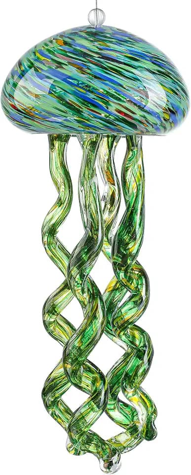 Sea Blown Glass Wind Chimes for Outside Jellyfish Ocean Wind Chimes 10 Inch