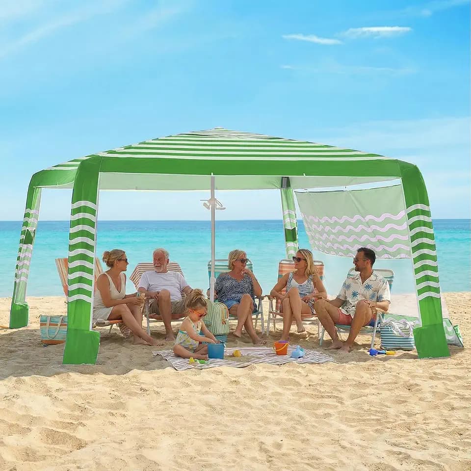 Zeraty Beach Cabana 8'×8', Portable Beach Canopy with Side Wall, UPF 50+ Silver-Coated Beach Tent Sun Shelter Easy Pop Up, Wind Resistant Adjustable Height Beach Umbrella Tent for Family, Green