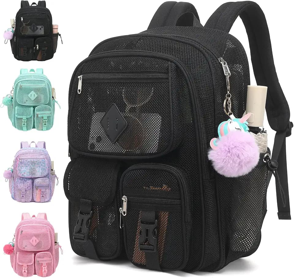 Mesh Backpack for Girls Boys, Heavy Duty Semi-Transparent Bookbag Womens Mens Backpacks for School, Beach, Swimming—Black