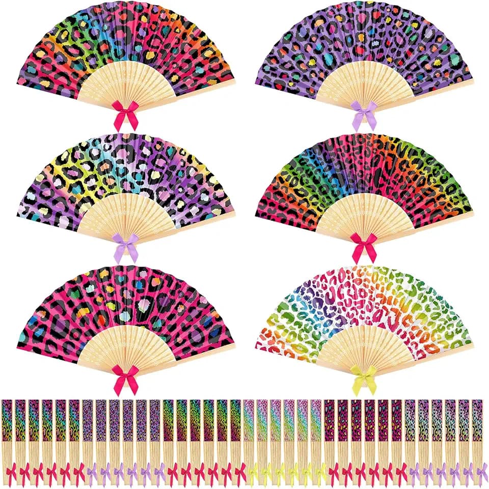 Roowest 36 Pcs Rainbow Leopard Print Folding Hand Fans Bulk, Paper Bamboo