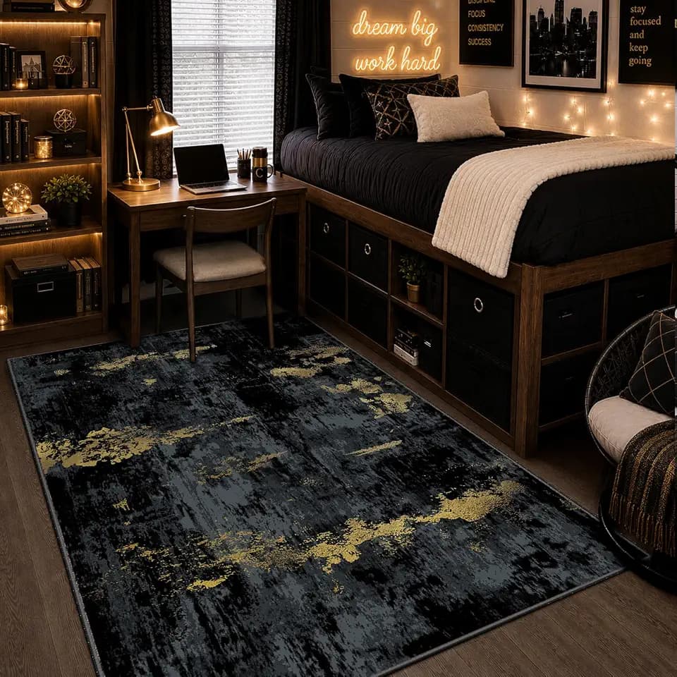 RELEANY Washable 4'x6' Abstract Area Rug for Living Room Black Gold
