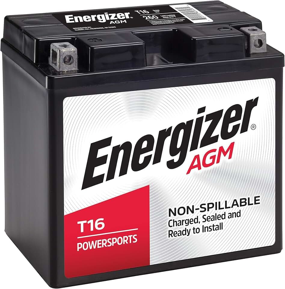 Energizer T16 AGM Motorcycle and Personal Water Craft 12V Battery, 260 Cold Cranking Amps and 19 Ahr. Replaces: T16 and others, Black