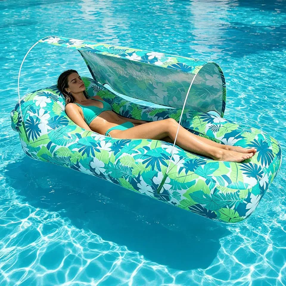 TOBTOS Pool Lounge Float with Canopy, Portable Wind Inflatable Pool Floats for Adults with Headrest & Storage Space, Inflatable Couch for Swimming Pool,Beach
